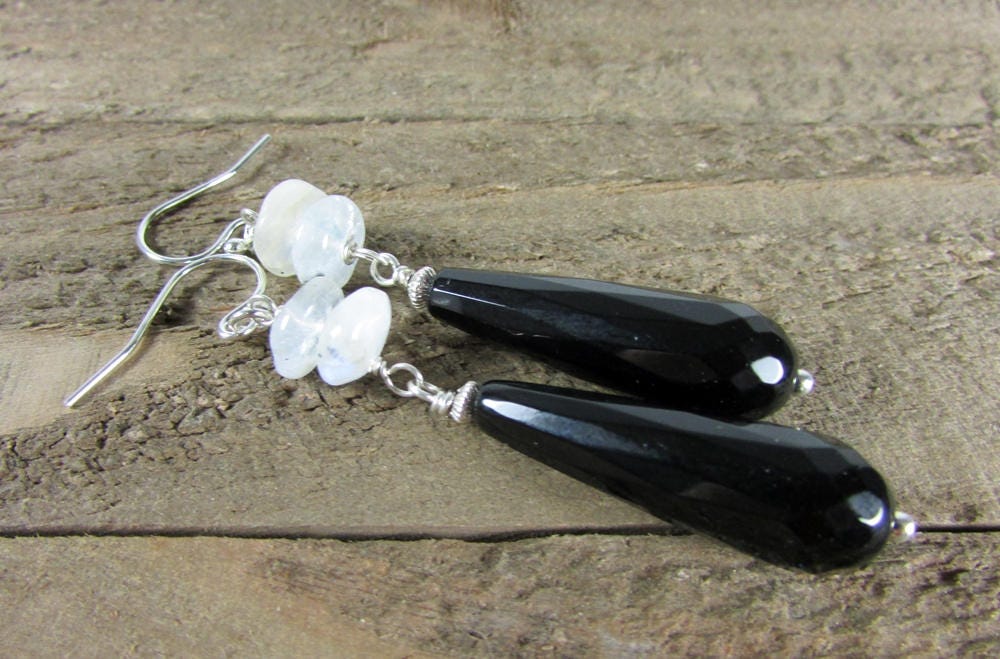 Black & White Earrings Onyx and Moonstone Dangles Gemstone | Etsy
