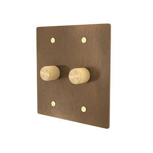 Brass Dimmer Light Switch – Knurled Gold Dials with Matching Aged Brass Wall Plate and Screws