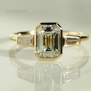 3CT Solid Gold Bezel Emerald Cut Moissanite Engagement Ring with Trapezoid Accent/ Minimalist Three Stone Promise Ring