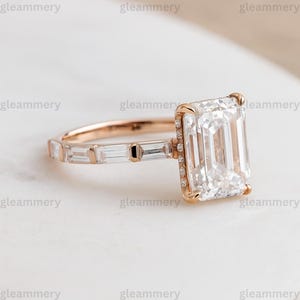 Emerald Cut Lab Grown Engagement Ring| Unique Wedding Ring| Baguette Accent Diamond Band| Vintage Style Bridal Ring, 5CT Emerald Cut