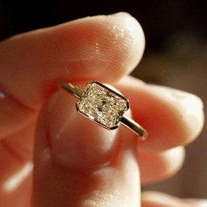 1.50 CT Radiant Cut Moissanite East West Half Bezel Set Solitaire Engagement Ring 14k Solid Yellow Gold Wedding Ring For Women Wedding Gifts