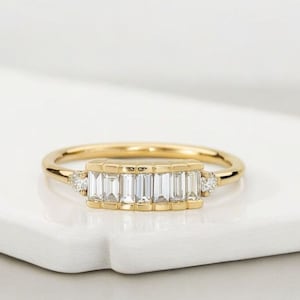 Seven Baguette Cut Moissanite Wedding Band, Minimalist Engagement Band, Round Stone Half Eternity Band, Anniversary Gift, Band For Women