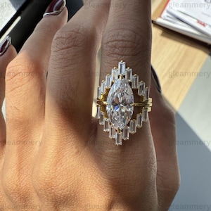 4 CT Marquise cut moissanite engagement ring set yellow gold vintage baguette cut ring curved wedding bridal set anniversary gift.
