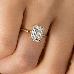 4CT Emerald Cut Moissanite Engagement Ring, Double Claw Prong Wedding Ring, Solid Gold Ring, Solitaire Proposal Ring, Valentine Gift For Her