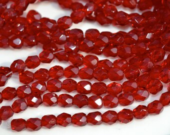 Ruby Red 4mm Faceted Fire Polish Round Czech Glass Beads   50