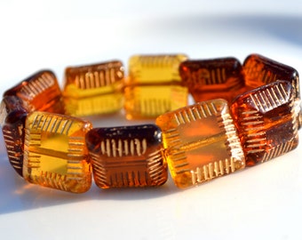 Amber and Topaz Etched Square Beads  10