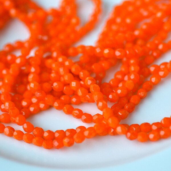 Bright Orange 4mm Faceted Round Fire Polish Czech GLass Beads   50