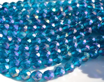 Capri Blue Luster 8mm Facetd FIre Polish ROund Czech Glass Beads  25