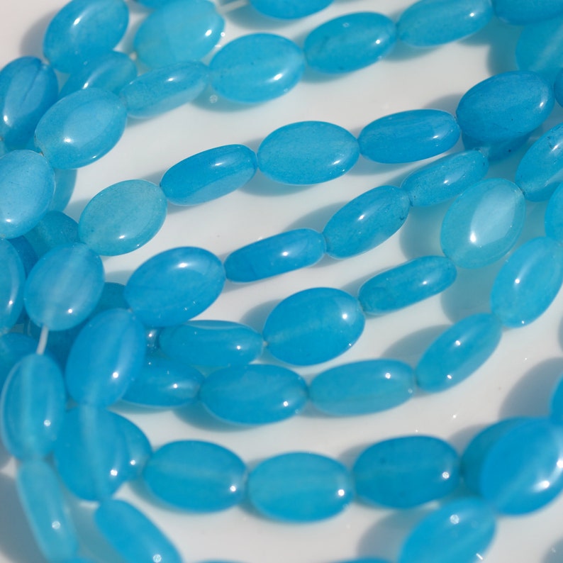 Bright Turquoise Blue Dyed Jade Smooth Oval Beads FULL STRAND image 2