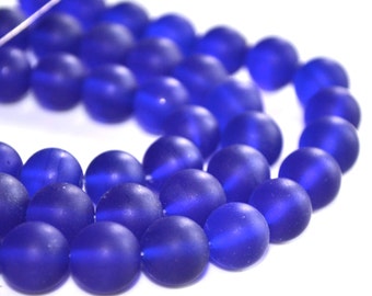 Cobalt Blue 10mm Frosted Round Glass Beads 8 pulgadas