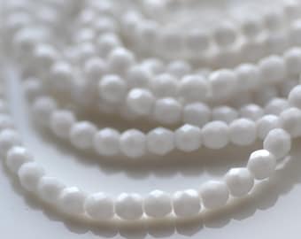Pure White 4mm Faceted Czech Glass Round Fire Polish Beads  50