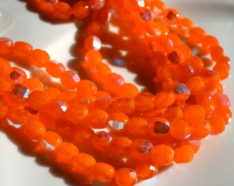 Bright Orange AB Faceted Rounded Cushion COin 6mm Czech Glass Beads  25