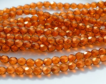 Sandalwood 6mm Faceted Fire Polish Round Czech Glass Beads  25