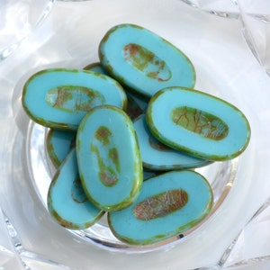 Large Turquoise Carved Oval Czech Glass Beads   4