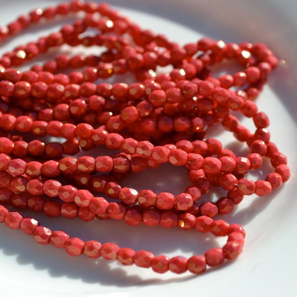 COral Red 3mm Faceted Fire Polish Round Czech Glass Beads   50