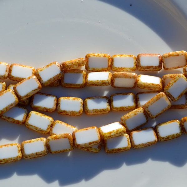 Opaque White with Picasso 12x8mm Czech Glass Rectangle Table Cut Beads  10