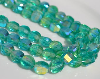 Fresh Green AB 8mm Faceted Fire Polish Coin Beads  25