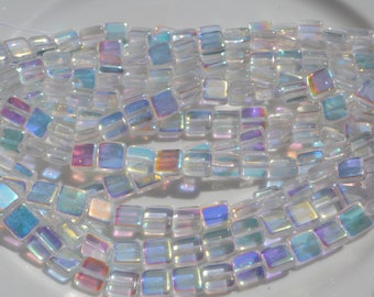 Clear AB 8mm Flat Square Czech Glass Beads  25