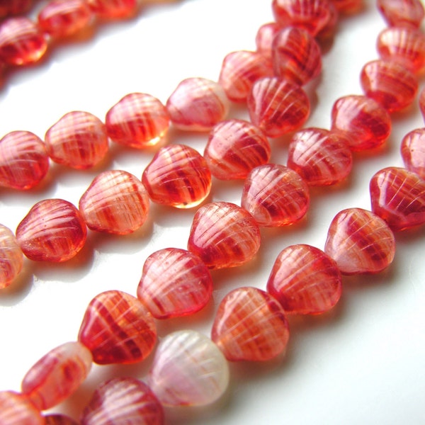 Raspberry Red and Cream 9mm Shell Beads   25   Czech glass