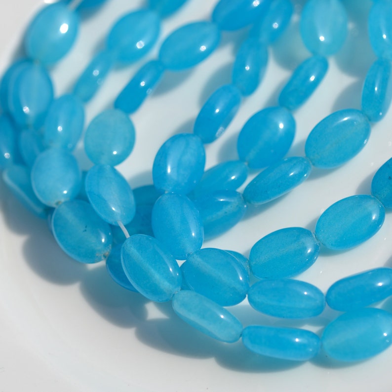 Bright Turquoise Blue Dyed Jade Smooth Oval Beads FULL STRAND image 1