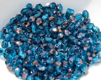 Capri Blue Bronze 4mm Faceted Fire Polish Round Czech Glass Beads  50