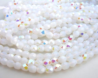 White Opal AB 6mm Faceted Fire Polish Czech Glass Beads  25