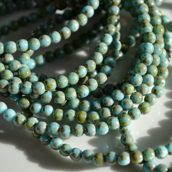 Robins Egg Blue and Picasso 4mm Round Beads   50