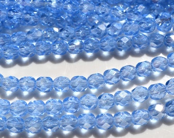 Luster Light Sapphire Blue 6mm Faceted FIre Polish Round Beads   25