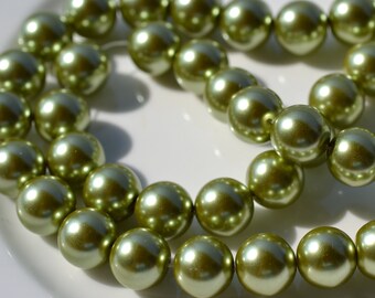 Huge 14mm Fresh Green GLass Pearl Beads    FULL STRAND