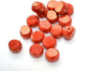 Coral Red Gold Luster 8mm Faceted Coin Beads    15