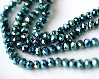 Metallic Green Faceted Rondelle Crystal Beads 10