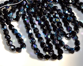 Jet Black AB 6mm Facetd FIre Polish Round Czech Glass Beads 25