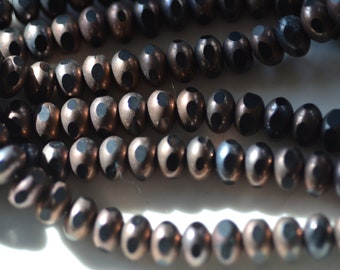 Vintage Black and Copper 11x7mm Polka Dot Cut Through Czech Glass Beads. 25