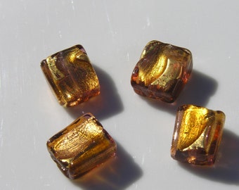 Topaz and Gold Foil Venetian Glass Square Beads   2