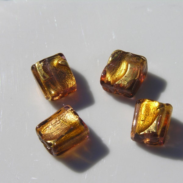 Topaz and Gold Foil Venetian Glass Square Beads   2