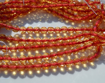 Red Lined Yellow 6mm Fire Polish Round Beads  25