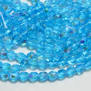 Aquamarine AB 6mm Faceted Fire Polish Round Glass Beads   25