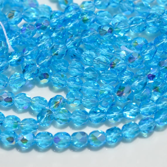 Aquamarine AB 6mm Faceted Fire Polish Round Glass Beads   25