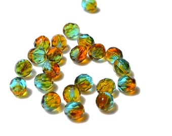 Turquoise and Amber Swirl 8mm Faceted Fire Polish Round Beads   25