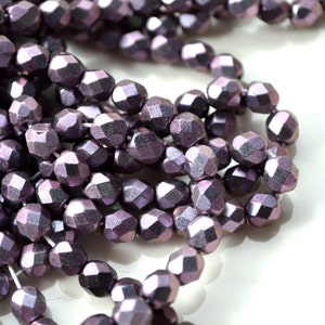 Grape Amethyst Shimmer Coat 6mm Faceted Fire Polish Czech Glass Beads   25