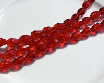 Christmas Red Long Drilled Faceted teardrop Czech Glass Beads  12