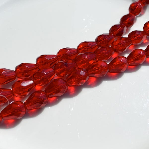 Christmas Red Long Drilled Faceted teardrop Czech Glass Beads  12