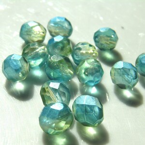 Light Blue and Pale Yellow 8mm Faceted Czech Glass Fire Polish with Light Pearl Coat  25
