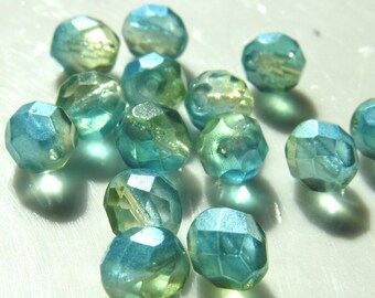 Light Blue and Pale Yellow 8mm Faceted Czech Glass Fire Polish with Light Pearl Coat  25
