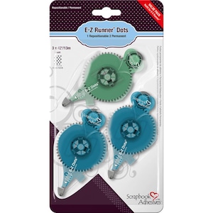 May include: A package of E-Z Runner Dots adhesive dispensers. The package contains three dispensers in green and blue. The packaging includes the text "E-Z Runner Dots" and "Scrapbook Adhesives". Each dispenser is 3 x 42 inches / 13m.