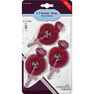 May include: Three red and white E-Z Runner adhesive tape dispensers in a clear plastic package. The package has the text "E-Z Runner Strips" and "Permanent Adhesive".