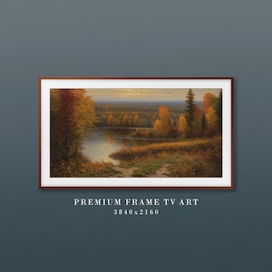 Autumn Lake Horizon Frame TV Art, Classic Oil Painting, Golden Amber and Crimson Foliage TV Wallpaper, Quiet Woods Sunset