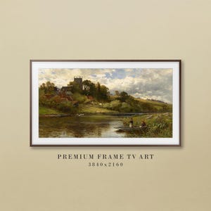 Puede incluir: Una pintura de paisaje enmarcada representa una escena fluvial con un pueblo y una iglesia en una colina. La obra de arte presenta un barco con dos figuras, exuberante vegetación y un cielo nublado. El marco es marrón oscuro y el texto "PREMIUM FRAME TV ART 3840x2160" está en la parte inferior.