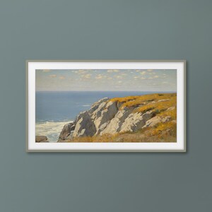 Samsung Frame TV Art, Digital Download, Coastal Cliffs and Ocean View, Wildflowers, Tranquil Seaside Scene, Mediterranean, Instant Download