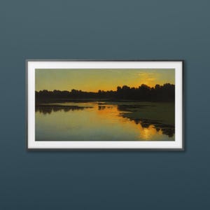 Samsung Frame TV Art, Digital Download, Lake Scene Print, Summer Mirrored Landscape Painting Sunset, Twilight, Cottage Art, Instant Download